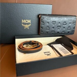 MCM Black and Tan Embossed Leather Wallet/Phone Crossbody